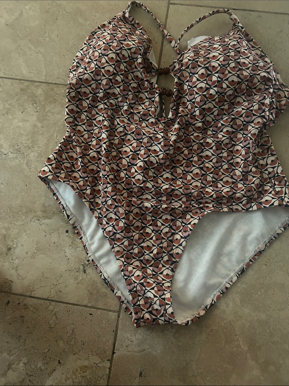 Classic Geo Print One-Piece Swimsuit in Muted Pink and Brown